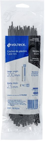 סט 100 אזיקונים 200X2.5 מ''מ מבית Volteck - שחור