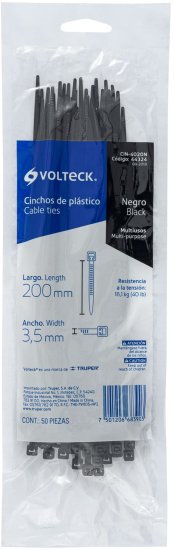 סט 50 אזיקונים 200X3.5 מ''מ מבית Volteck - שחור