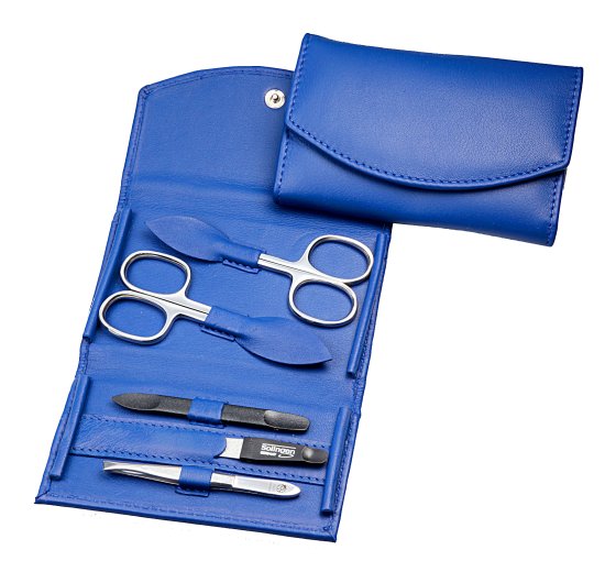 סט מניקור פדיקור 5 חלקים בגימור מבריק סדרת Sunshine מבית HK - נרתיק עור כחול רויאל – תמונה 3