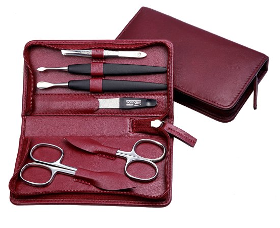 סט מניקור פדיקור 6 חלקים בגימור מבריק סדרת Sunshine מבית HK - נרתיק עור בורדו – תמונה 3