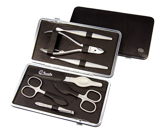 סט מניקור פדיקור 7 חלקים בגימור משויף סדרת Nobel & Steel מבית HK - נרתיק עור שחור – תמונה 3