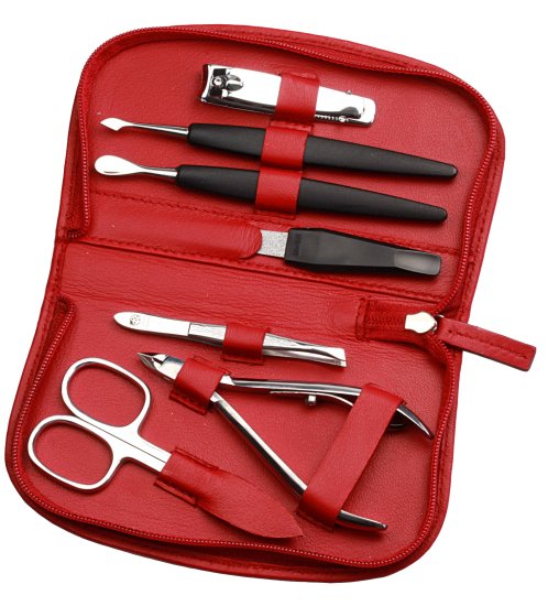 סט מניקור פדיקור 7 חלקים בגימור מבריק סדרת Sunshine מבית HK - נרתיק עור אדום – תמונה 3