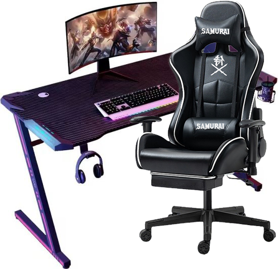 באנדל שולחן גיימינג דגם סמוראי שחור עם תאורת RGB + כיסא גיימינג סמוראי שחור כולל כרית עיסוי חשמלית מבית Multi Garden