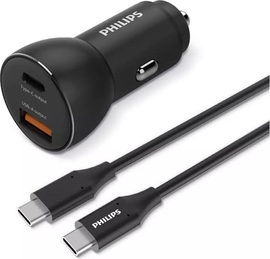 מציאון ועודפים - מטען אוניברסלי USB-A/USB-C לרכב עם כבל Philips Dual DLP2521C/00 USB Type-C  - צבע שחור