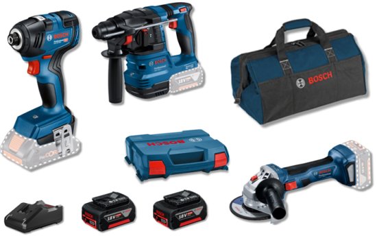 סט 3 כלים נטענים 18V - פטישון GBH 18V-22 + מברגה GDR 18V-200 + משחזת זווית GWS 18V-7 + זוג סוללות 4Ah