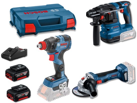 סט 3 כלים נטענים 18V - פטישון GBH 18V-22 + מברגת אימפקט/מפתח רטיטה GDX 18V-200 + משחזת זווית GWS 18V-7 + זוג סוללות 4Ah