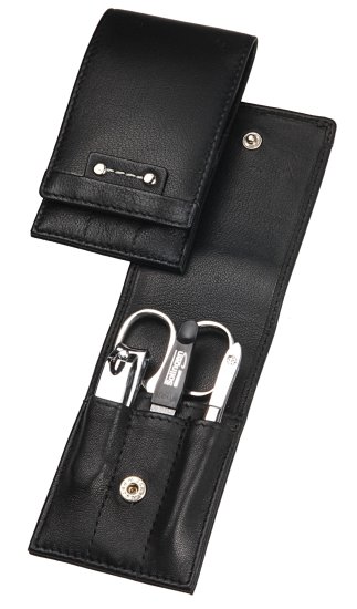 סט מניקור פדיקור 4 חלקים בגימור מראה סדרת Sunshine מבית HK - נרתיק עור שחור