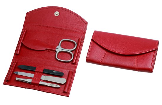 סט מניקור פדיקור 4 חלקים בגימור משויף סדרת Nobel & Steel מבית HK - נרתיק עור אדום