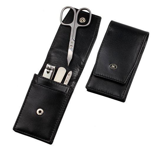 סט מניקור פדיקור 4 חלקים בגימור משויף סדרת Nobel & Steel מבית HK - נרתיק עור שחור