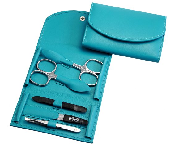 סט מניקור פדיקור 5 חלקים בגימור מבריק סדרת Sunshine מבית HK - נרתיק עור טורקיז