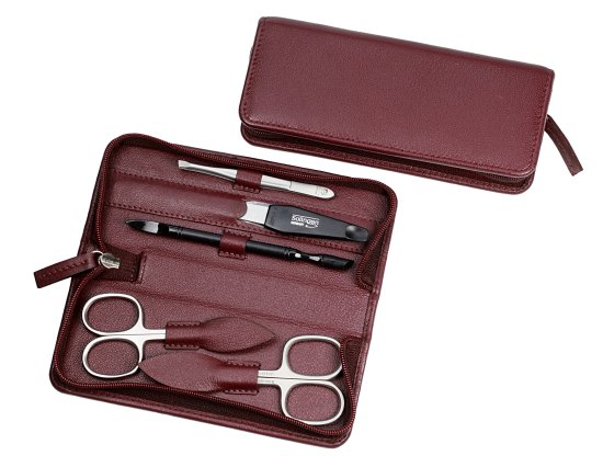 סט מניקור פדיקור 5 חלקים בגימור מט סדרת Sunshine מבית HK - נרתיק עור בורדו