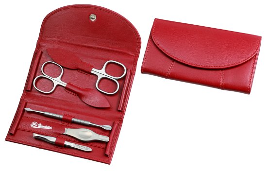 סט מניקור פדיקור 5 חלקים בגימור משויף סדרת Nobel & Steel מבית HK - נרתיק עור אדום