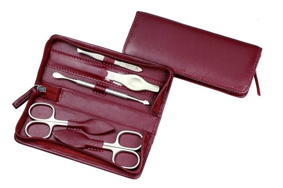 סט מניקור פדיקור 5 חלקים בגימור משויף סדרת Nobel & Steel מבית HK - נרתיק עור בורדו