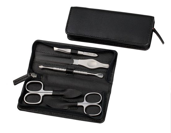 סט מניקור פדיקור 5 חלקים בגימור משויף סדרת Nobel & Steel מבית HK - נרתיק עור שחור