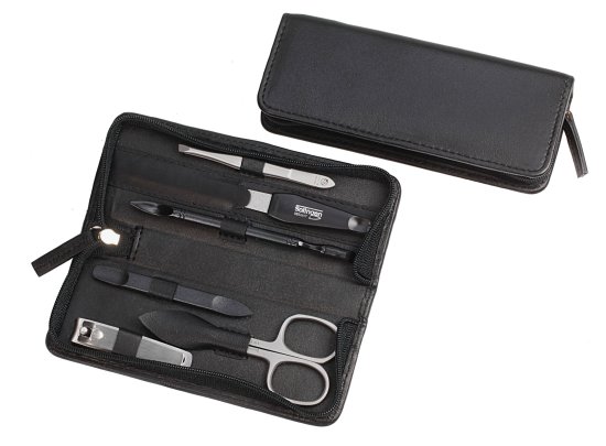 סט מניקור פדיקור 6 חלקים בגימור מט סדרת Sunshine מבית HK - נרתיק עור שחור