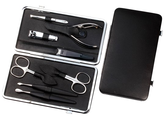 סט מניקור פדיקור 9 חלקים בגימור מבריק סדרת Sunshine מבית HK - נרתיק עור שחור