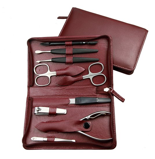 סט מניקור פדיקור 9 חלקים בגימור מט סדרת Sunshine מבית HK - נרתיק עור בורדו