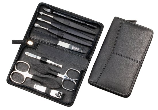 סט מניקור פדיקור 9 חלקים בגימור מראה סדרת Sunshine מבית HK - נרתיק עור שחור