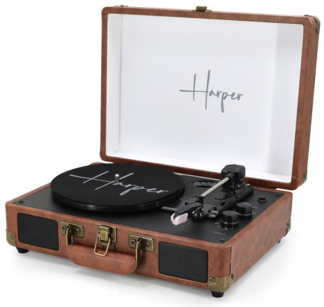 פטיפון Bluetooth מזוודה עם הגברת DSP ורמקולים סטריאו Harper HRT-10 - צבע חום