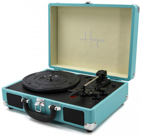 פטיפון Bluetooth מזוודה עם הגברת DSP ורמקולים סטריאו Harper HRT-10 - צבע כחול