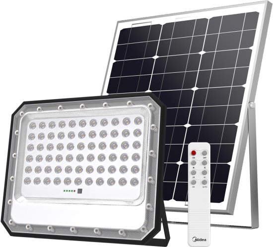 פנס הצפה סולארי LED עם שלט וחיישן פוטוצל Midea 200W - צבע שחור גוון אור 6500K