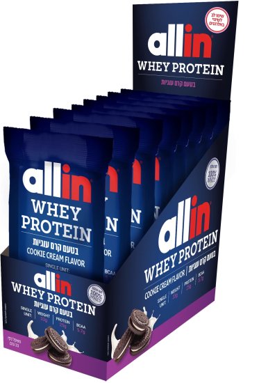 15 מנות אישיות אבקת חלבון Whey בטעם קרם עוגיות מבית Allin - סך הכל 495 גרם