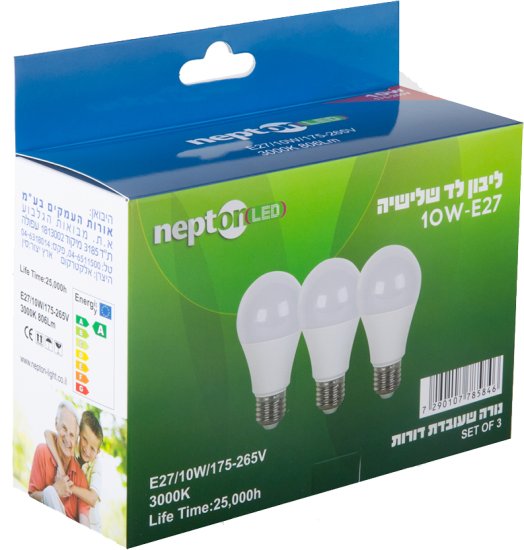 3 נורות NEPTON 10W E27 A60 LED - גוון תאורה 3000K