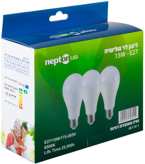 3 נורות NEPTON 15W E27 A60 LED - גוון תאורה 6500K