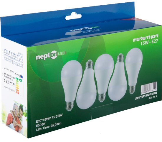 5 נורות NEPTON 15W E27 A60 LED - גוון תאורה 6500K