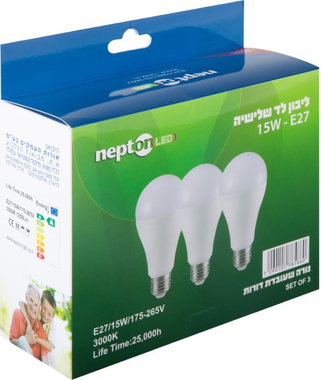 3 נורות NEPTON 15W E27 A60 LED - גוון תאורה 3000K – תמונה 3