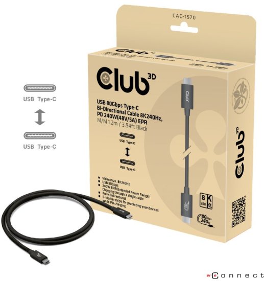 כבל Club3D 4K540Hz/8K240Hz/16K60Hz 80Gbps PD 240W 48V/5A EPR CAC-1570 בחיבור USB4 Type-C זכר - אורך 1.2 מטר