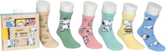 מארז 6 זוגות גרביים מעוצבים נגד החלקה לתינוקות Pulliez דגם Snoopy Peanuts - מידת One Size שמתאימה למידות 19-28