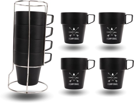 סט 4 ספלים נירוסטה 300 מ''ל + מעמד מבית I-CAMP - צבע שחור מט