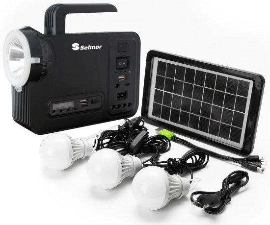 ערכת תאורת חירום נטענת ורדיו FM + פאנל סולארי Selmor SE-6131