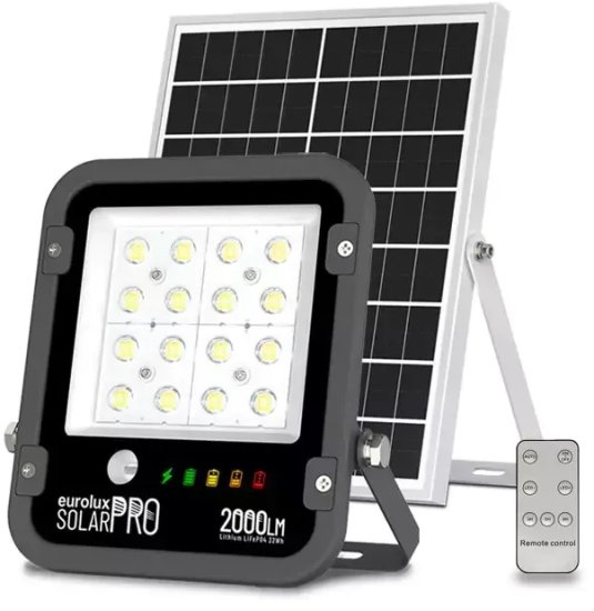 פנס הצפה סולארי LED עם שלט Eurolux LifePO4 30W IP65 - צבע שחור גוון אור 3000K