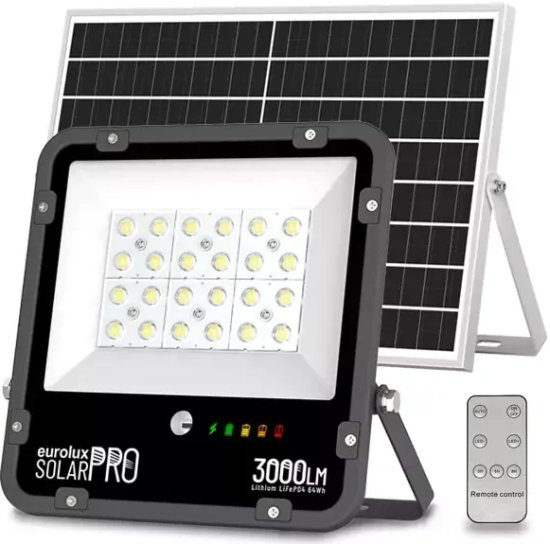 פנס הצפה סולארי LED עם שלט Eurolux LifePO4 50W IP65 - צבע שחור גוון אור 3000K