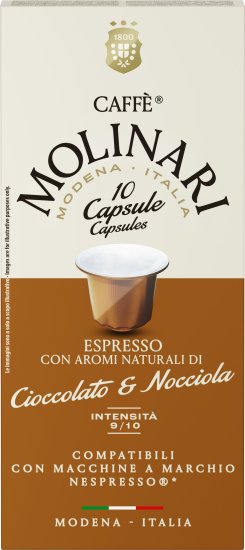 10 קפסולות Caffe Molinari Espresso Cioccolato & Nocciola - תואמות למכונות קפה Nespresso