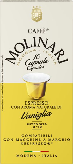 10 קפסולות Caffe Molinari Espresso Vaniglia - תואמות למכונות קפה Nespresso