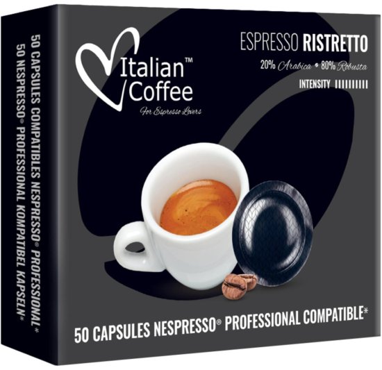 50 קפסולות Italian Coffee Espresso Ristretto - תואמות למכונות קפה לעסקים Nespresso Professional