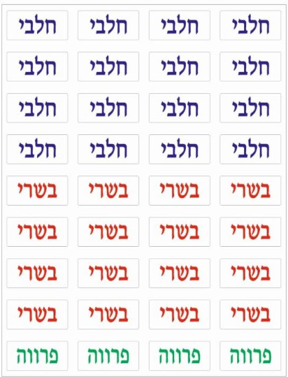 80 מדבקות סימון חלבי / בשרי / פרווה (קטן) מבית Malkan - גודל מדבקה 1.2x3 ס''מ