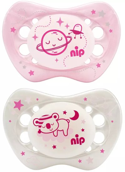 זוג מוצצי סיליקון זוהר בחושך 5-18 חודשים Nip - כלב וכוכב ישנים ורוד
