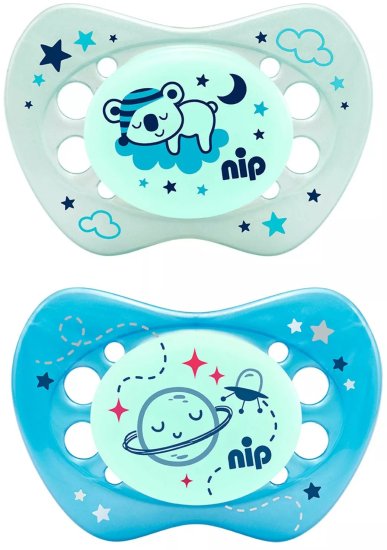 זוג מוצצי סיליקון זוהר בחושך 5-18 חודשים Nip - כלב וכוכב ישנים כחול