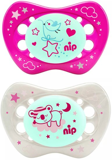 זוג מוצצי סיליקון זוהר בחושך 5-18 חודשים Nip - כלב ישן וציפור ורוד