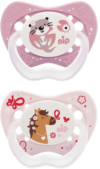 זוג מוצצי סיליקון לייף 16-32 חודשים Nip - סוס פרחוני וחתול ורוד