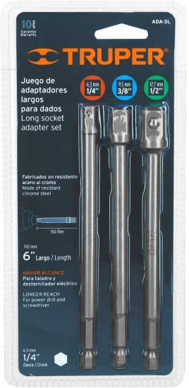 סט 3 מובילים ארוכים לבוקסות 150 מ''מ 1/2+1/4+3/8 עם הינע משושה 1/4 למברגות Truper Shockwave