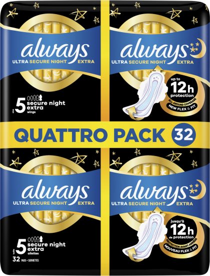 Always - תחבושות עם כנפיים Ultra Secure Night - בסך הכל 32 תחבושות