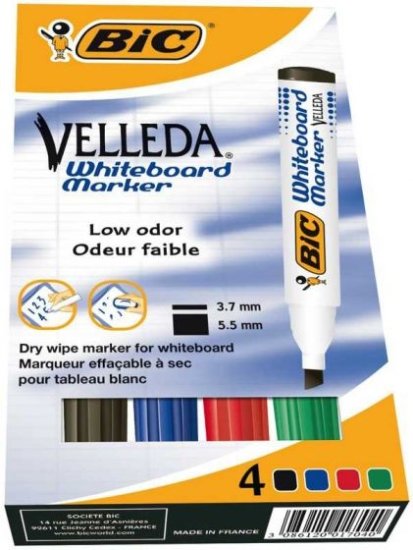חבילת 4 טושים ללוח מחיק ראש שטוח BIC Velleda Ecolutions Fine - שחור