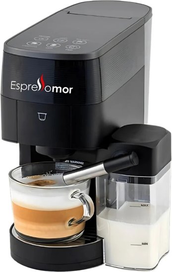 מכונת קפה + מקציף חלב דגם Universal Touch מבית Espresso Mor - צבע שחור