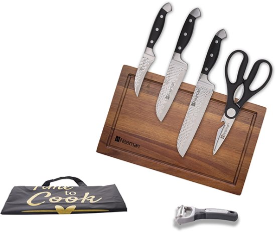 סט 7 חלקים - קרש חיתוך מעץ + 3 סכינים ואביזרים מבית Naaman