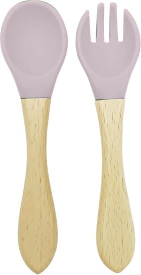 סט מזלג וכפית מסיליקון עם ידית עץ לתינוק מבית Yamayo - צבע ורוד